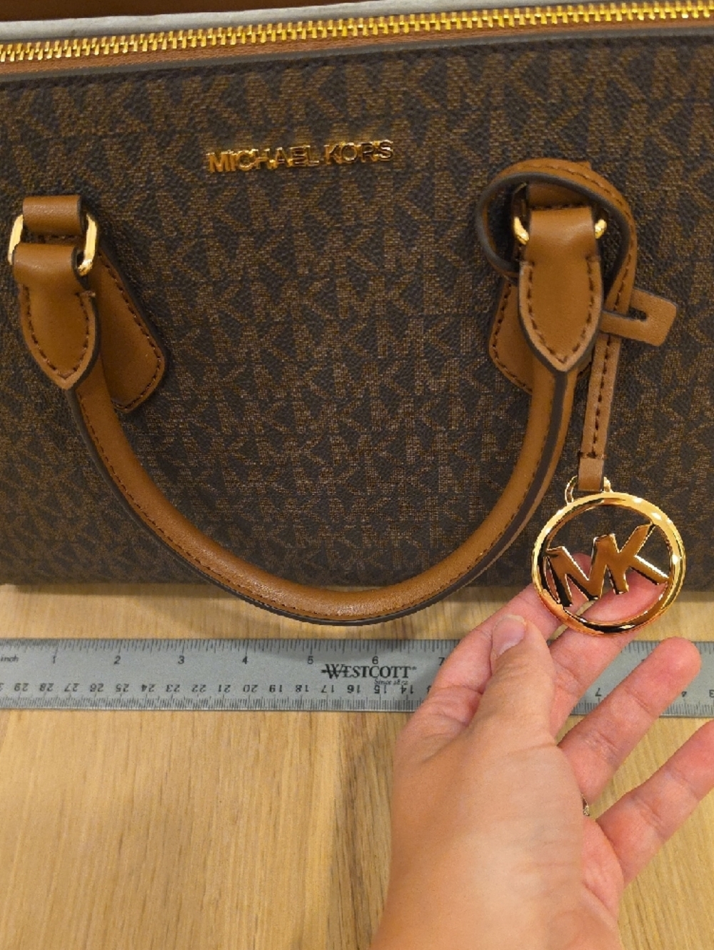 Michael Kors Brown Logo Satchel with Tan Trim and Gold Hardware - Picture 3 of 8